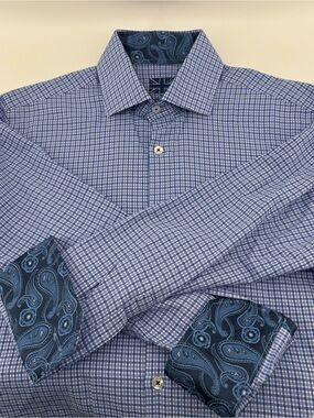 Michaelsons of London Blue Checked / Paidley Long-Sleeve Dress Shirt - Mens M